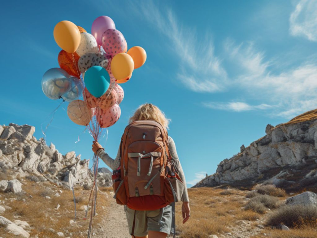 Die Wechseljahre bringen neue Impulse und lassen Träume fliegen. Frau geht mit Luftballons auf einen Berg.